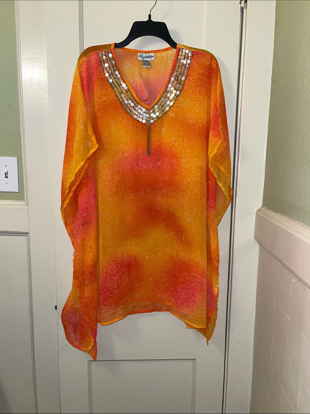 Signature Orange and Yellow Embellished V-Neck Swim Coverup